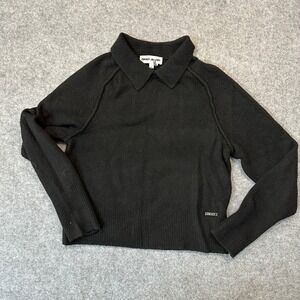 DKNY Jeans Collared Knit Sweater Medium Black Ribbed Trim Long Sleeve